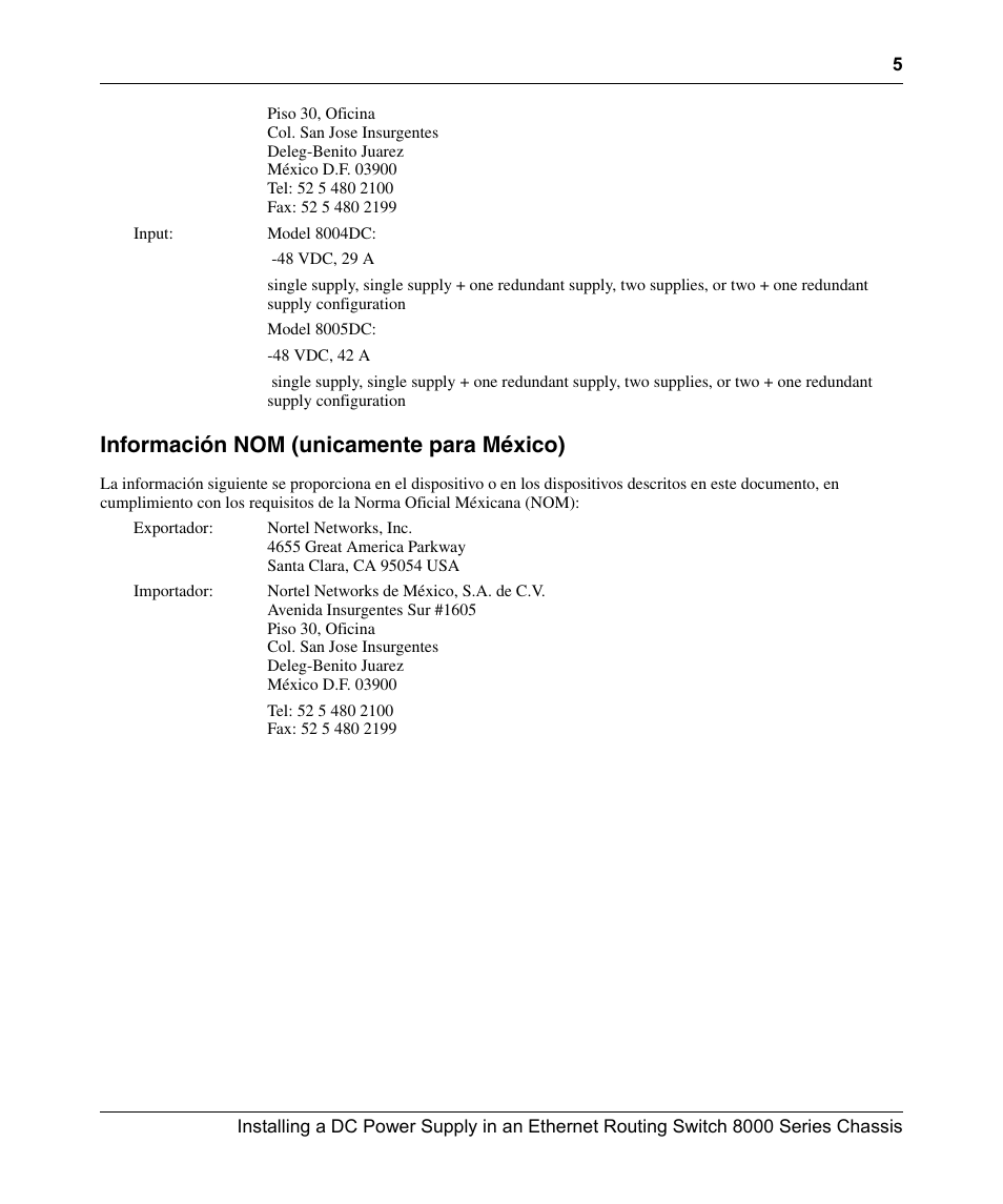 Información nom (unicamente para méxico) | Nortel Networks 8000 Series User Manual | Page 5 / 60