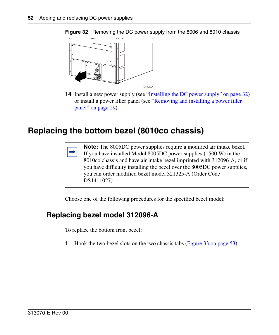 Replacing the bottom bezel (8010co chassis), Replacing bezel model 312096-a, Figure 32 | Replacing the bottom bezel (8010co chassis)” on | Nortel Networks 8000 Series User Manual | Page 52 / 60