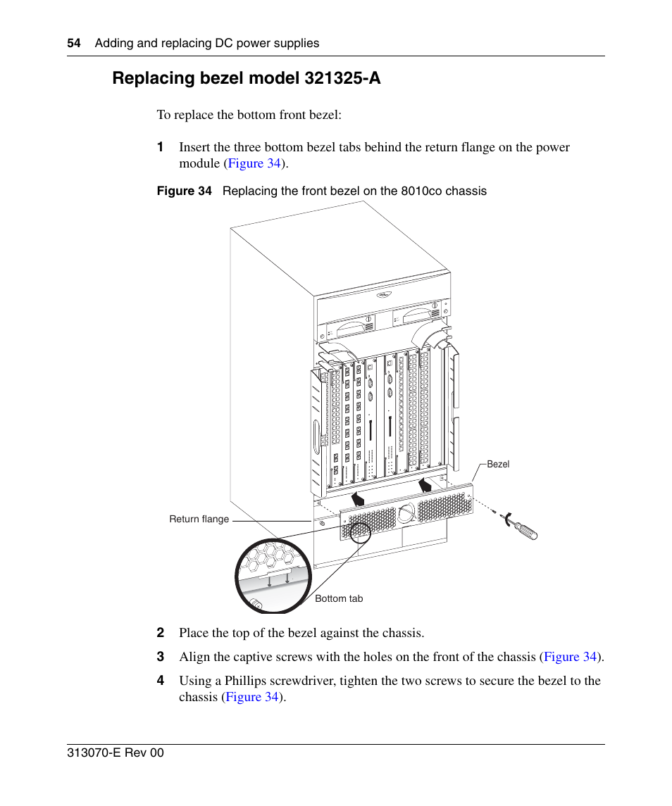 Replacing bezel model 321325-a, Figure 34, Replacing the front bezel on the 8010co chassis | Nortel Networks 8000 Series User Manual | Page 54 / 60