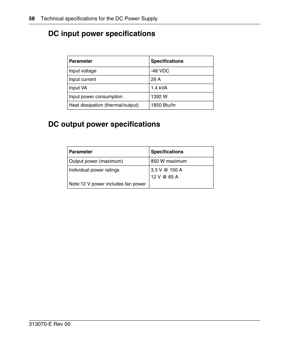 Dc input power specifications, Dc output power specifications | Nortel Networks 8000 Series User Manual | Page 58 / 60