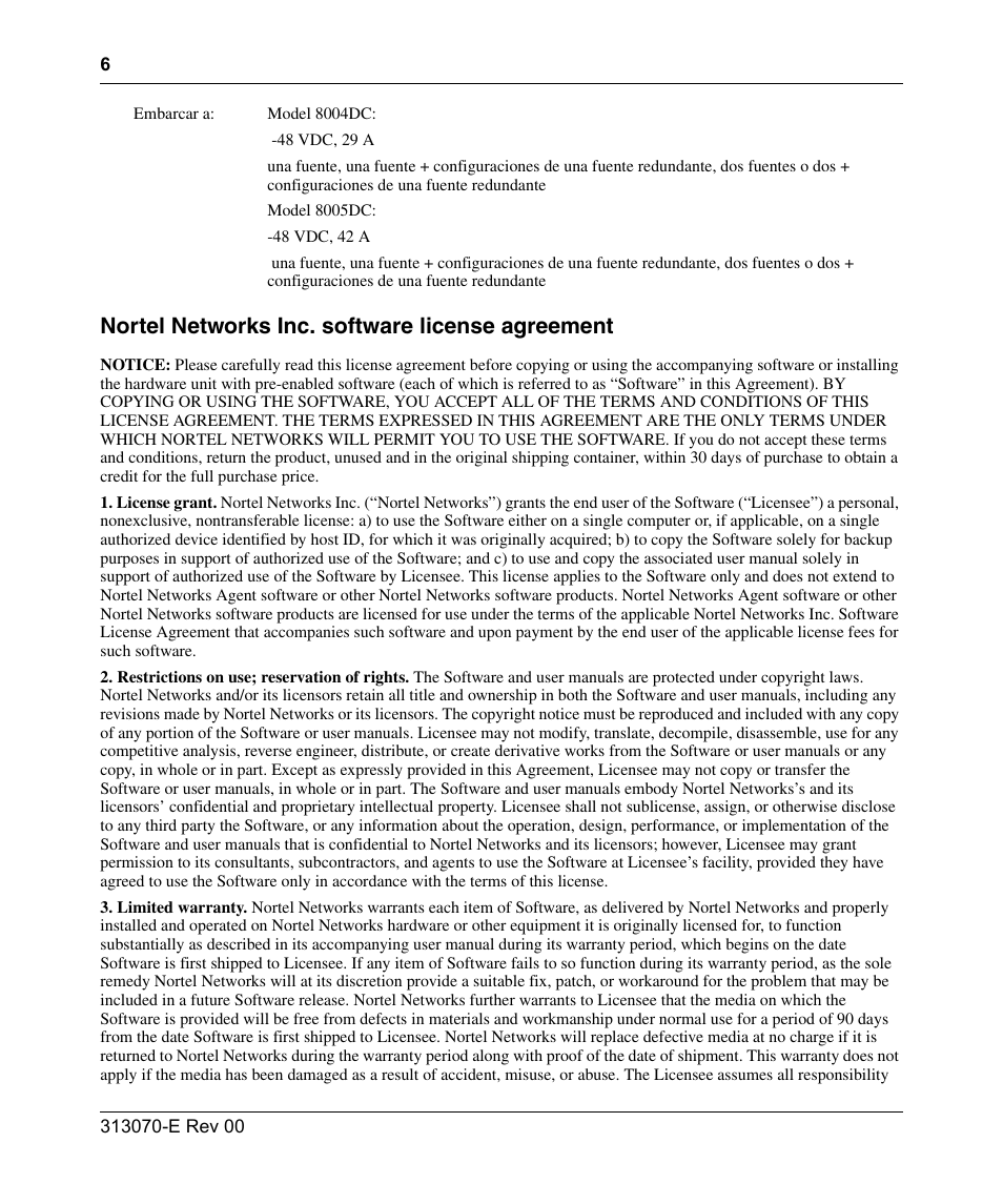 Nortel networks inc. software license agreement | Nortel Networks 8000 Series User Manual | Page 6 / 60