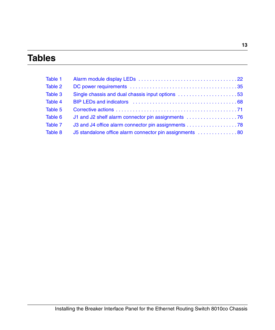 Tables | Nortel Networks 8010co User Manual | Page 13 / 82