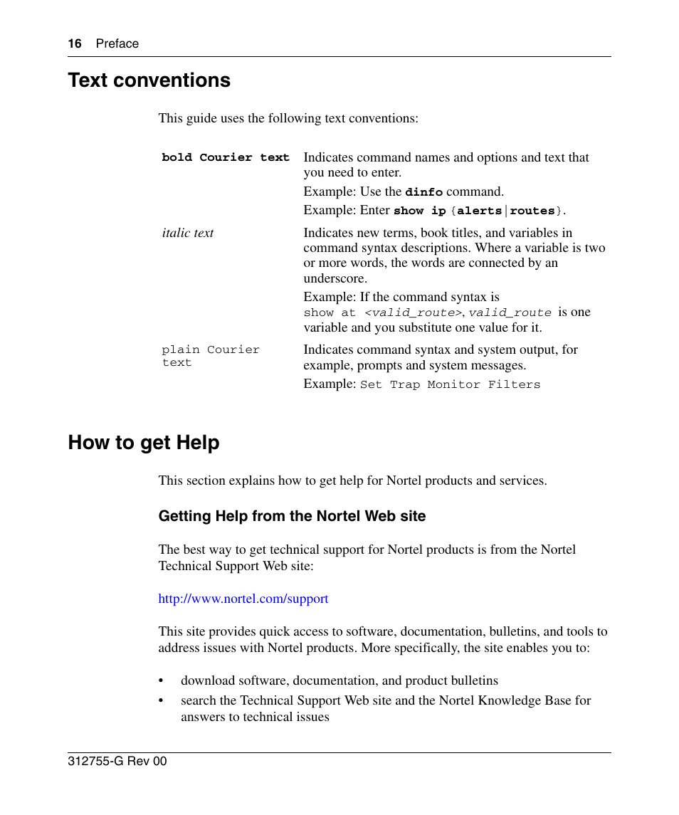 Text conventions, How to get help, Getting help from the nortel web site | Nortel Networks 8010co User Manual | Page 16 / 82