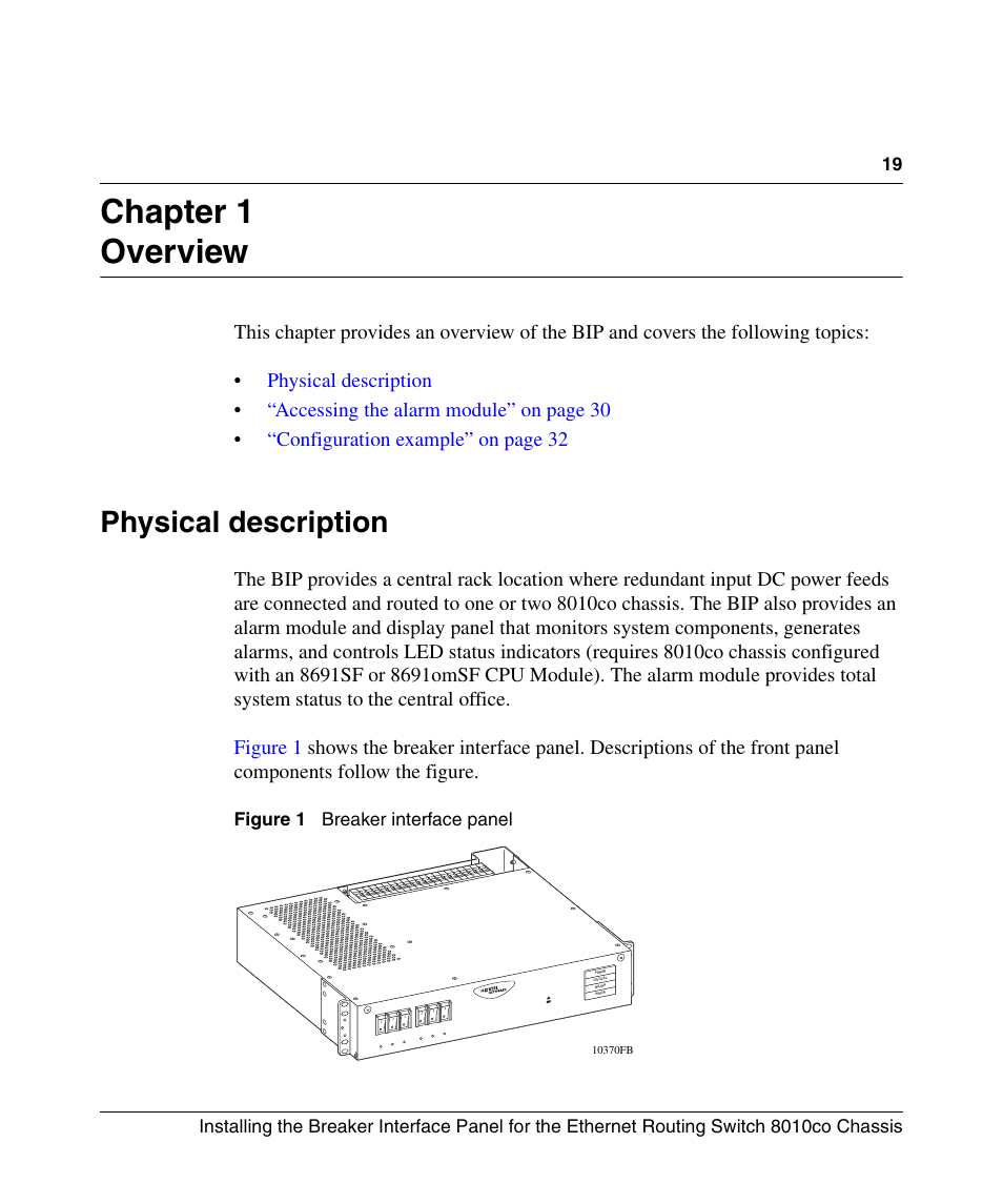 Chapter 1: overview, Physical description, Chapter 1 overview | Figure 1, Breaker interface panel | Nortel Networks 8010co User Manual | Page 19 / 82