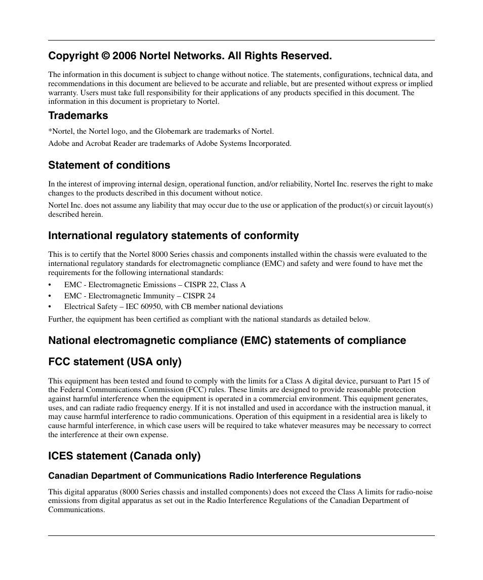 Trademarks, Statement of conditions, International regulatory statements of conformity | Ices statement (canada only) | Nortel Networks 8010co User Manual | Page 2 / 82