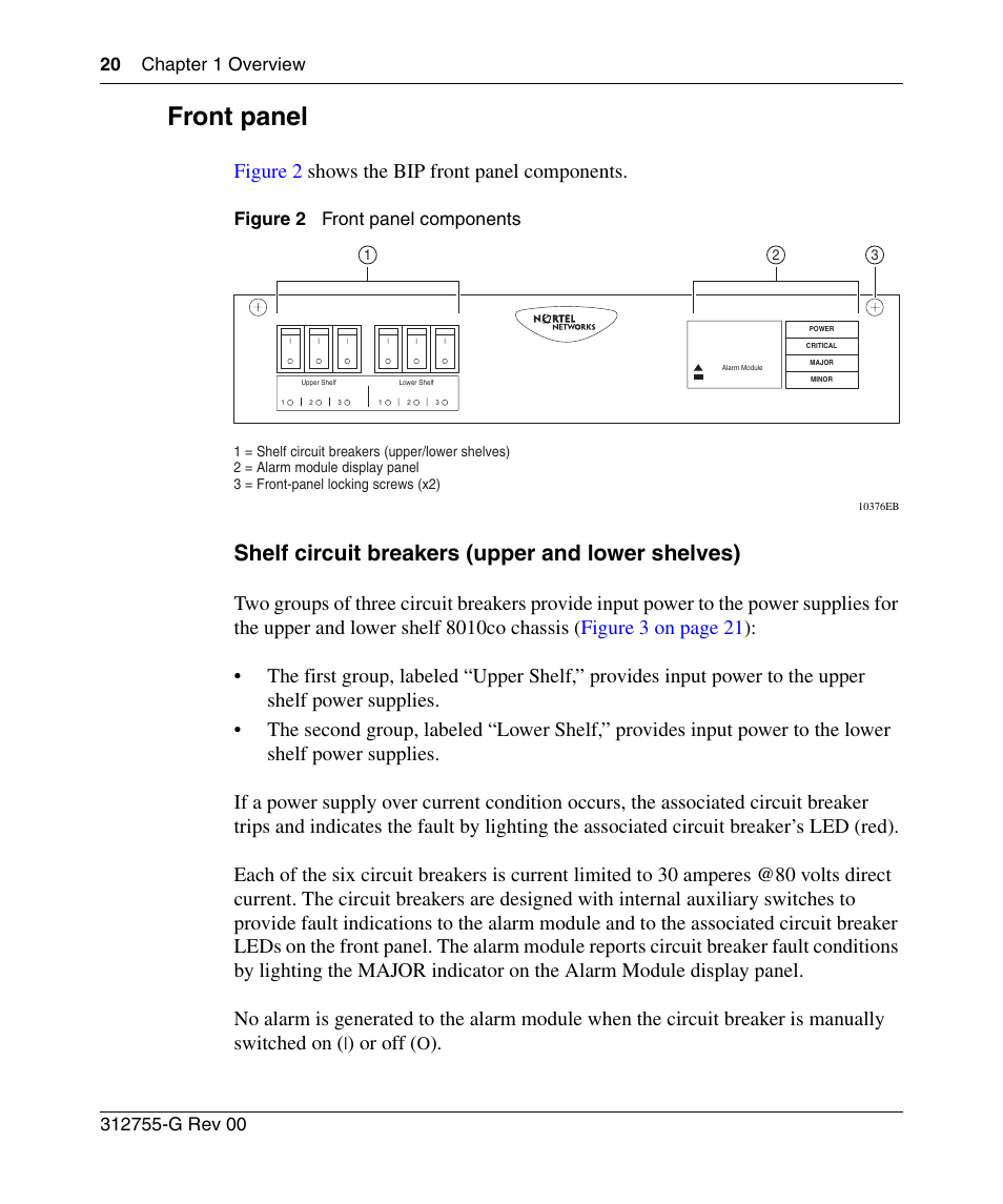Front panel, Shelf circuit breakers (upper and lower shelves), Figure 2 | Front panel components, Figure 2 sho ws the bip front panel components, Or off | Nortel Networks 8010co User Manual | Page 20 / 82