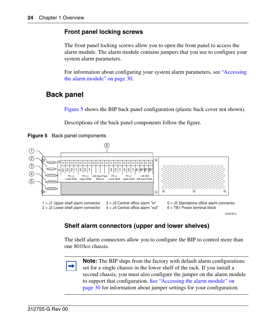 Front panel locking screws, Back panel, Shelf alarm connectors (upper and lower shelves) | Figure 5, Back panel components | Nortel Networks 8010co User Manual | Page 24 / 82