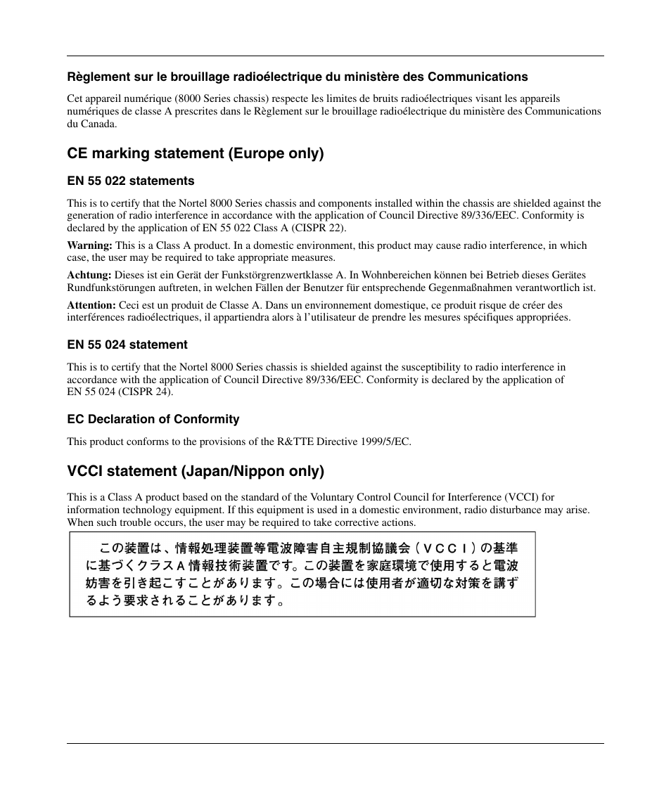 Ce marking statement (europe only), Vcci statement (japan/nippon only) | Nortel Networks 8010co User Manual | Page 3 / 82