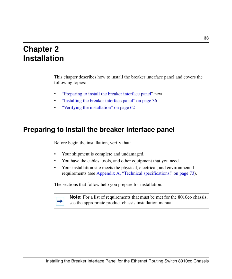 Chapter 2: installation, Preparing to install the breaker interface panel, Chapter 2 installation | Nortel Networks 8010co User Manual | Page 33 / 82