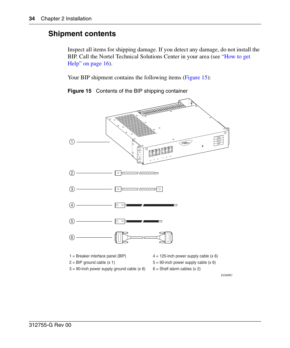 Shipment contents, Figure 15, Contents of the bip shipping container | Figure 15 contents of the bip shipping container | Nortel Networks 8010co User Manual | Page 34 / 82