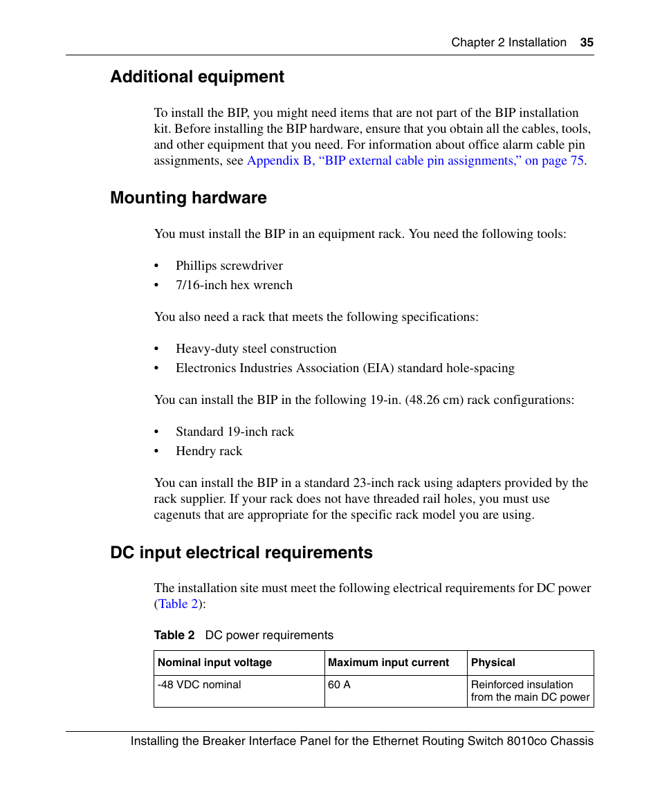 Additional equipment, Mounting hardware, Dc input electrical requirements | Table 2, Dc power requirements | Nortel Networks 8010co User Manual | Page 35 / 82