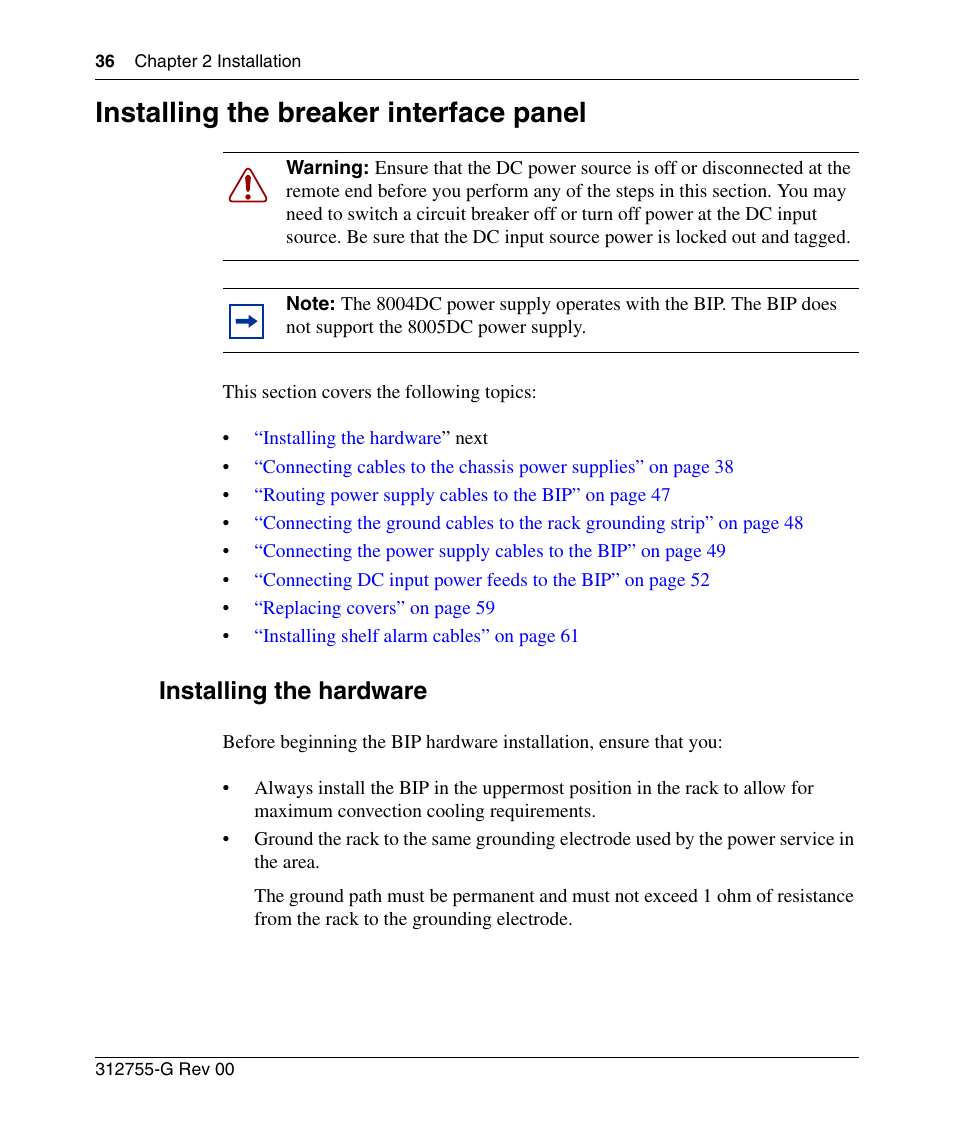 Installing the breaker interface panel, Installing the hardware | Nortel Networks 8010co User Manual | Page 36 / 82