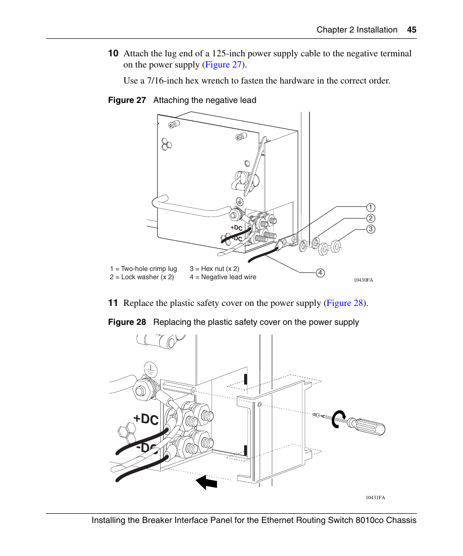 Figure 27, Attaching the negative lead, Figure 28 | Dc +dc | Nortel Networks 8010co User Manual | Page 45 / 82