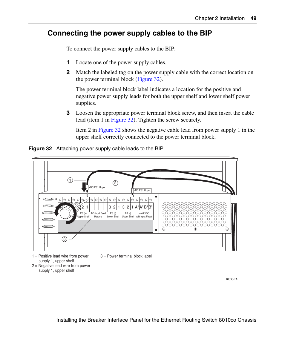 Connecting the power supply cables to the bip, Figure 32, Attaching power supply cable leads to the bip | Nortel Networks 8010co User Manual | Page 49 / 82