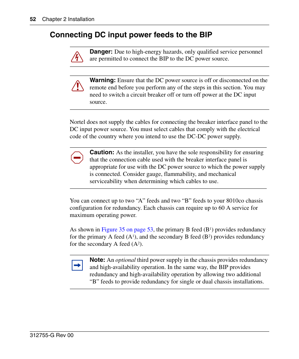 Connecting dc input power feeds to the bip, Connecting dc input power feeds to the bip” on, Xt section | Nortel Networks 8010co User Manual | Page 52 / 82