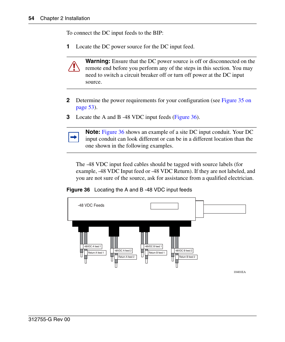 Figure 36, Locating the a and b -48 vdc input feeds | Nortel Networks 8010co User Manual | Page 54 / 82
