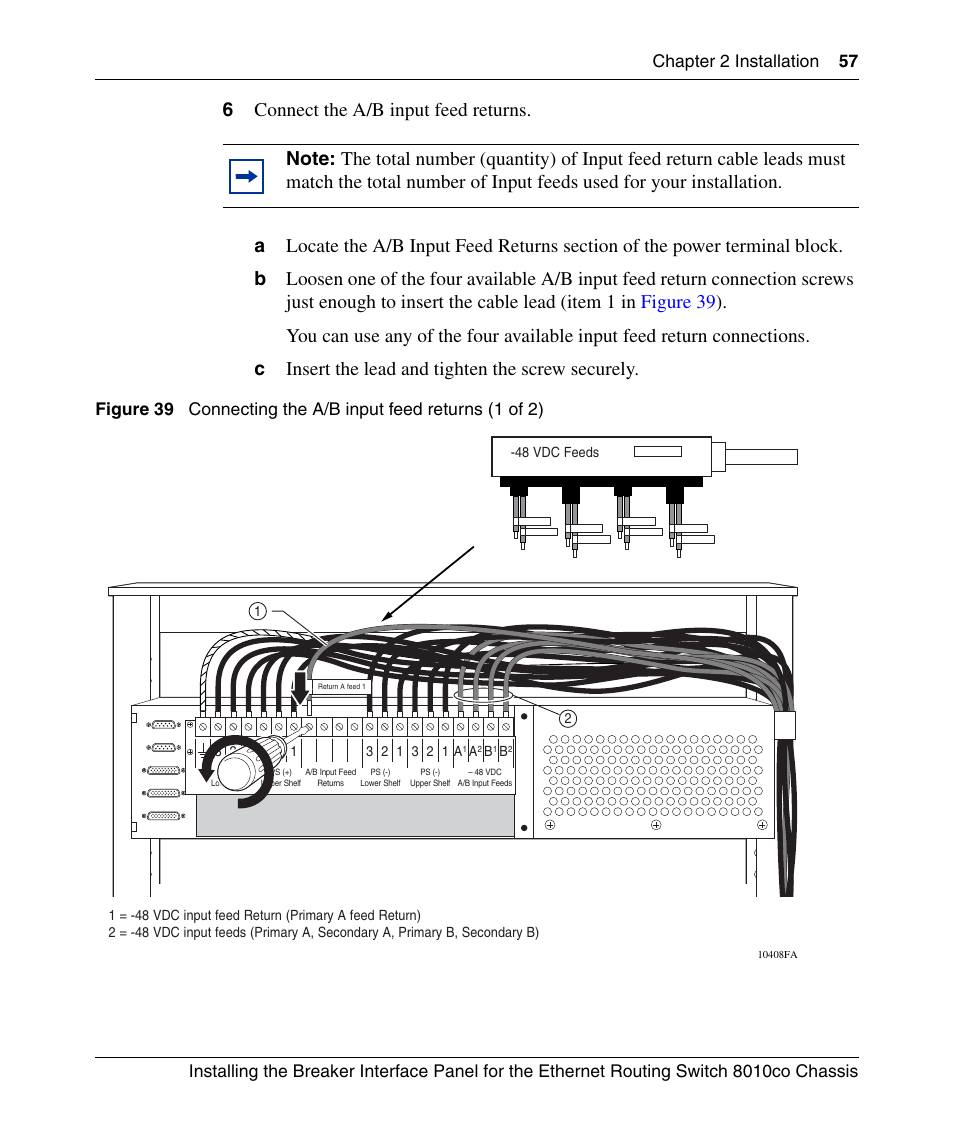 Figure 39, Connecting the a/b input feed returns (1 of 2) | Nortel Networks 8010co User Manual | Page 57 / 82