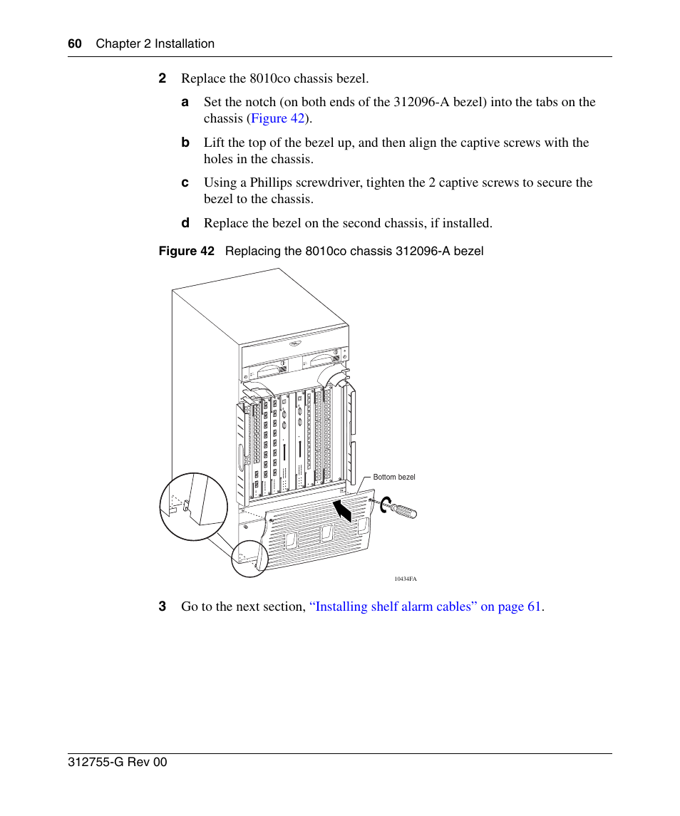 Figure 42, Replacing the 8010co chassis 312096-a bezel | Nortel Networks 8010co User Manual | Page 60 / 82