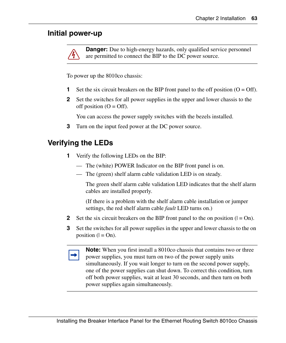 Initial power-up, Verifying the leds | Nortel Networks 8010co User Manual | Page 63 / 82