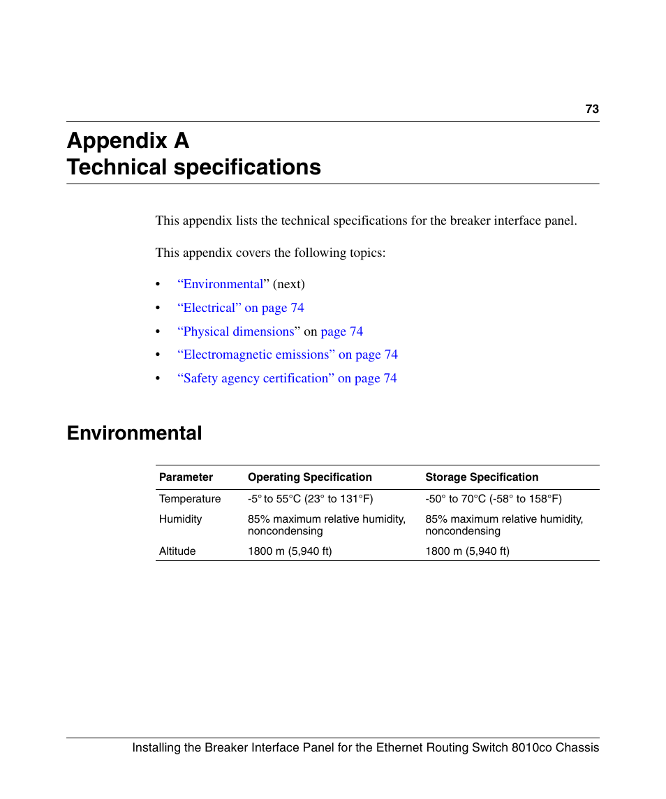 Appendix a: technical specifications, Environmental, Appendix a technical specifications | Nortel Networks 8010co User Manual | Page 73 / 82