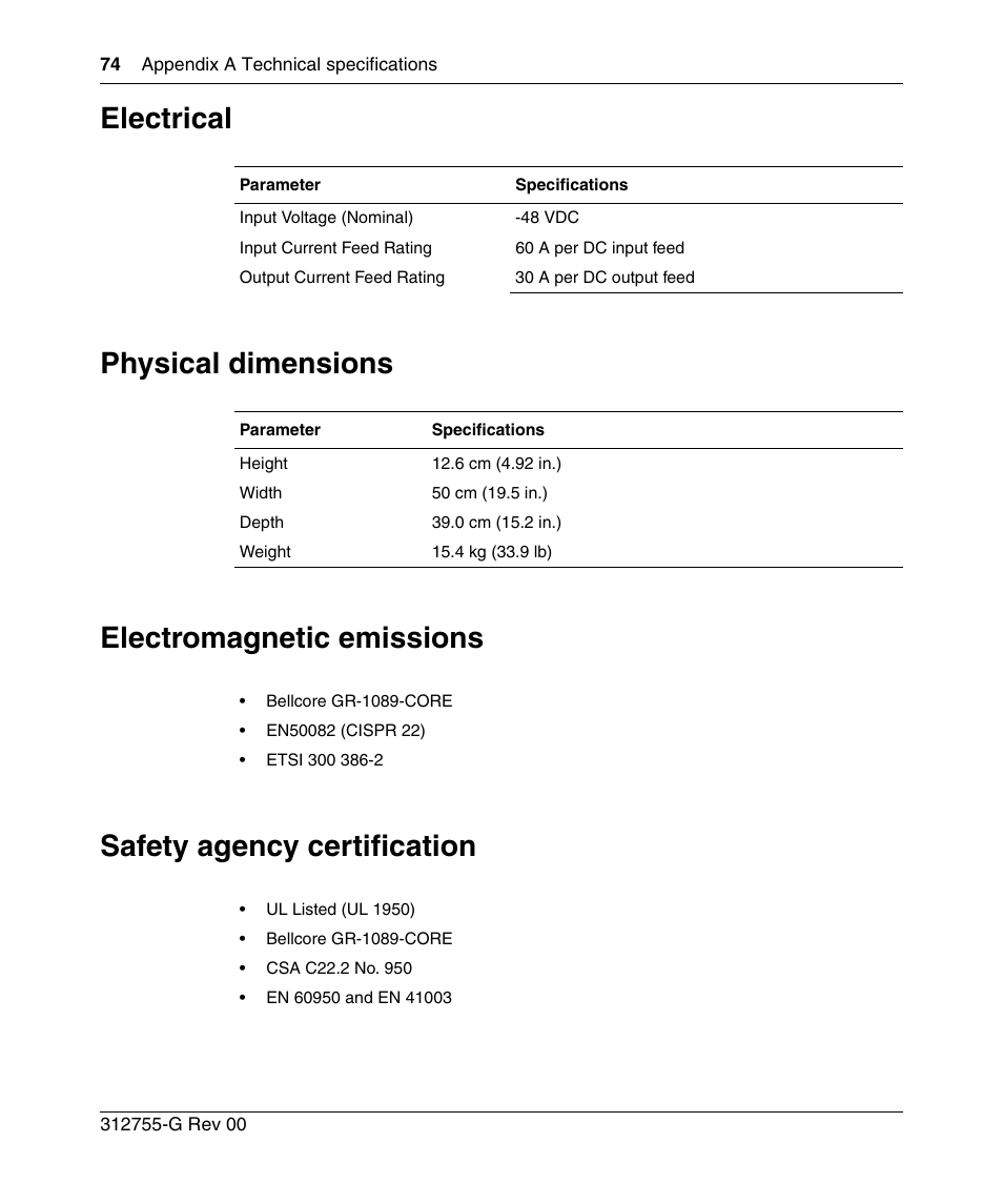 Electrical, Physical dimensions, Electromagnetic emissions | Safety agency certification | Nortel Networks 8010co User Manual | Page 74 / 82