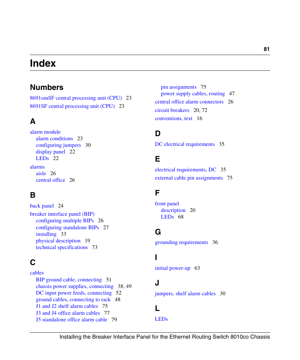 Index, Numbers | Nortel Networks 8010co User Manual | Page 81 / 82