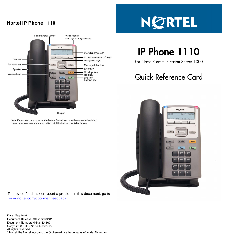 Ip phone 1110, Quick reference card | Nortel Networks NN43110-100 User Manual | Page 2 / 2