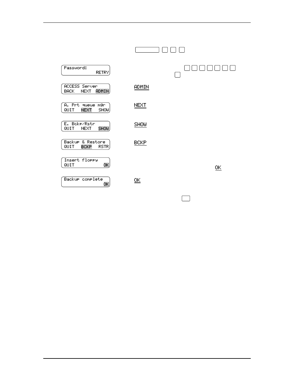 Press ƒ · ⁄ ﬁ, Press admin, Press next until the display shows | Press show, Press bckp, Press ok, To end this session, press | Nortel Networks Voice Mail User Manual | Page 11 / 14