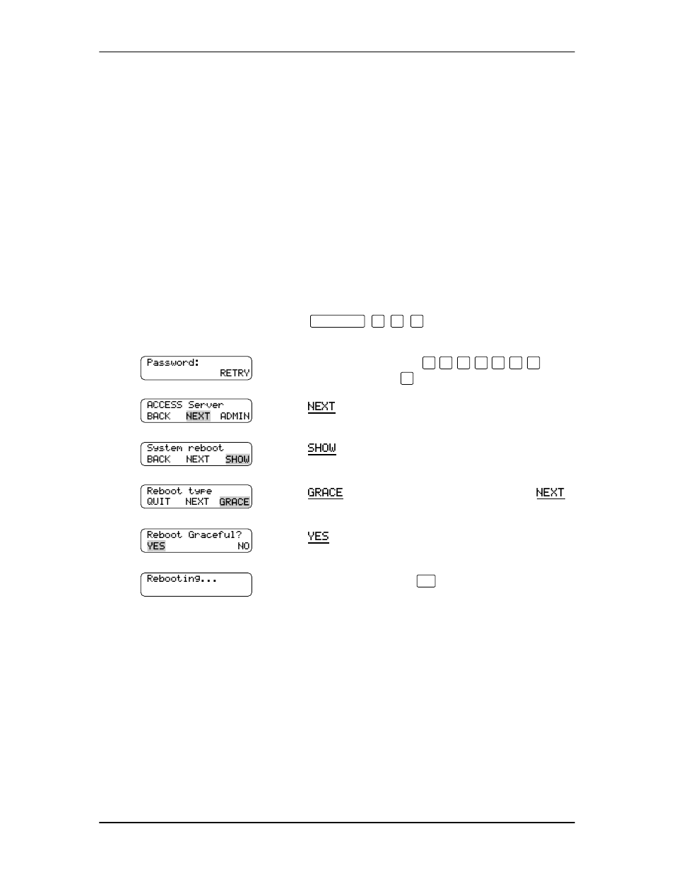 Rebooting the nam, Press ƒ · ⁄ ﬁ, Press next until the display shows | Press show, Press yes . the display changes to show, To end this session, press | Nortel Networks Voice Mail User Manual | Page 12 / 14