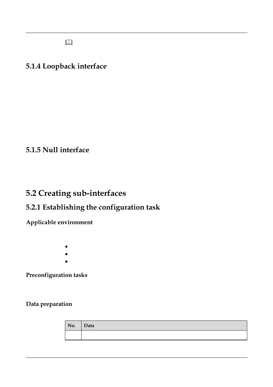 4 loopback interface, 5 null interface, 2 creating sub-interfaces | 1 establishing the configuration task, Applicable environment, Preconfiguration tasks, Data preparation, 1 establishing the configuration task -26, 4 loopback interface -4, 5 null interface -4 | Nortel Networks 8000 User Manual | Page 105 / 486