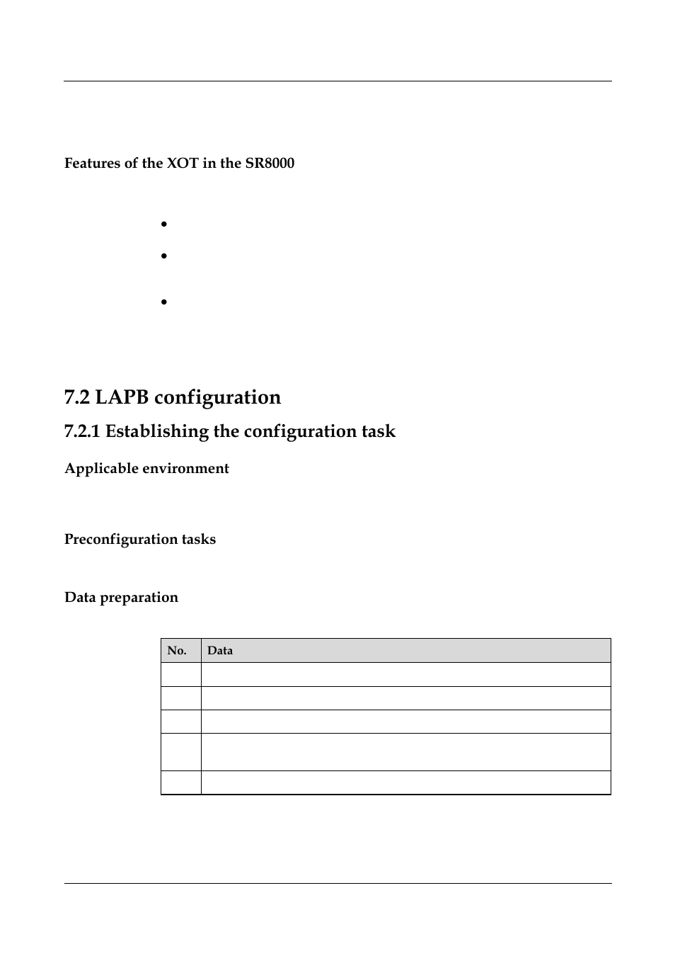Features of the xot in the sr8000, 2 lapb configuration, 1 establishing the configuration task | Applicable environment, Preconfiguration tasks, Data preparation, 1 establishing the configuration task -26, 9 hdlc configuration -1 | Nortel Networks 8000 User Manual | Page 212 / 486
