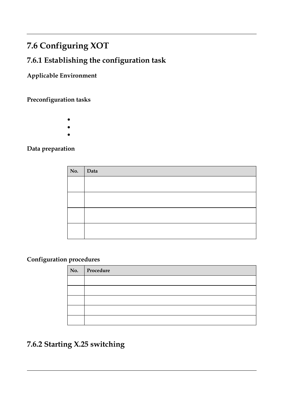 6 configuring xot, 1 establishing the configuration task, Applicable environment | Preconfiguration tasks, Data preparation, Configuration procedures, 2 starting x.25 switching, 1 establishing the configuration task -42, 6 configuring xot -34, 2 starting x.25 switching -34 | Nortel Networks 8000 User Manual | Page 237 / 486