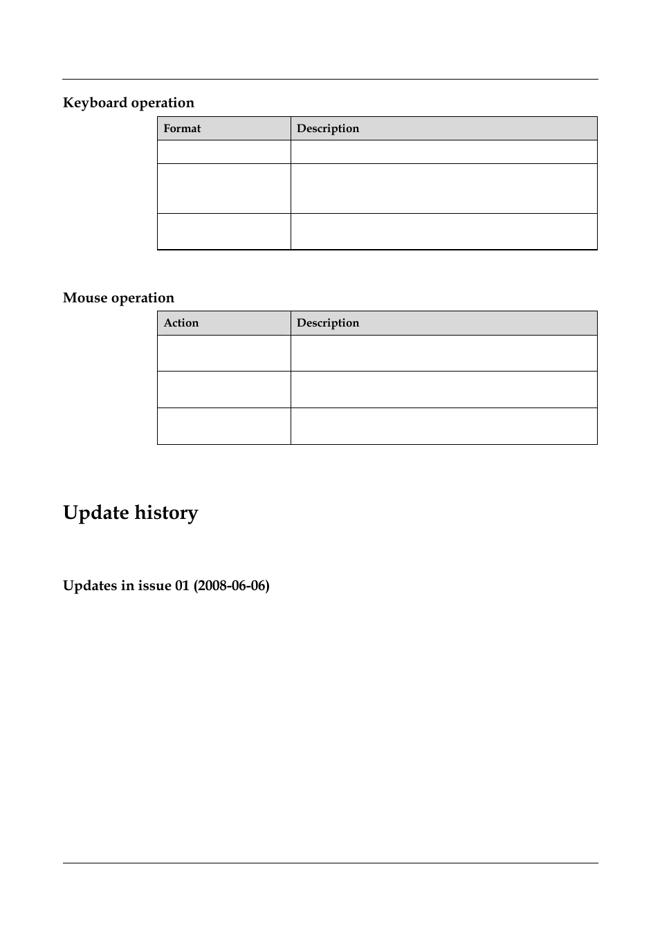 Keyboard operation, Mouse operation, Update history | Updates in issue 01 (2008-06-06) | Nortel Networks 8000 User Manual | Page 26 / 486