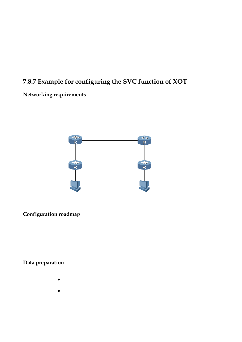 7 example for configuring the svc function of xot, Networking requirements, Configuration roadmap | Data preparation, Example for configuring the svc function of xot | Nortel Networks 8000 User Manual | Page 260 / 486