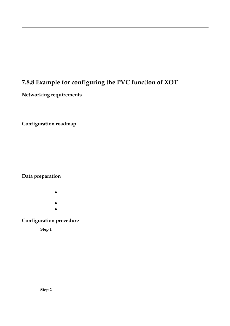 8 example for configuring the pvc function of xot, Networking requirements, Configuration roadmap | Data preparation, Configuration procedure, Example for configuring the pvc function of xot | Nortel Networks 8000 User Manual | Page 264 / 486