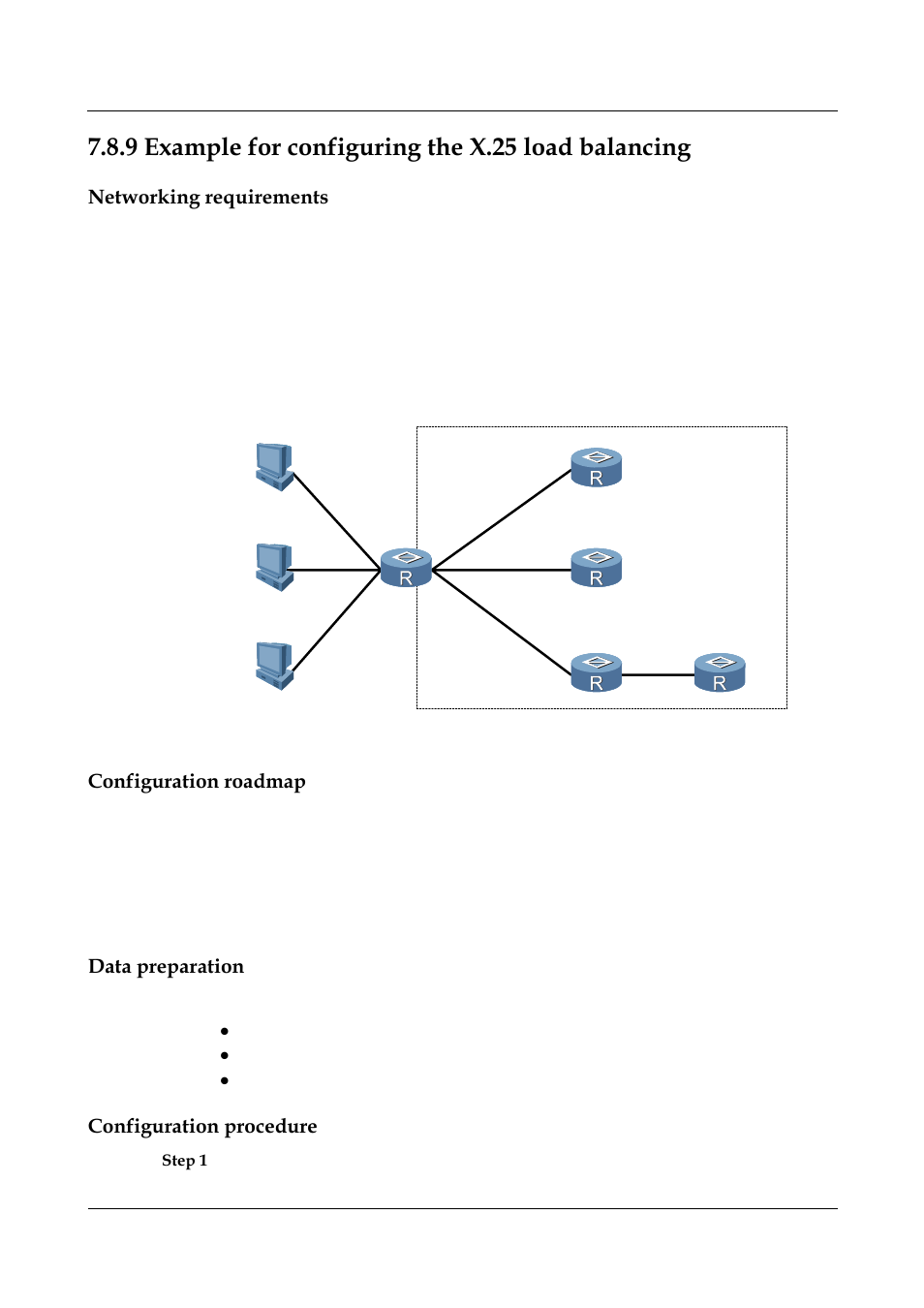 9 example for configuring the x.25 load balancing, Networking requirements, Configuration roadmap | Data preparation, Configuration procedure | Nortel Networks 8000 User Manual | Page 268 / 486