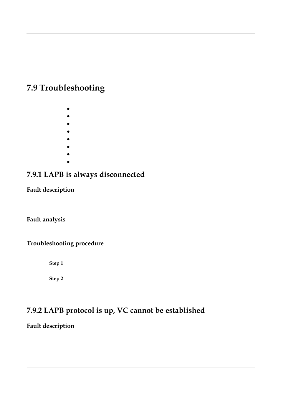 9 troubleshooting, 1 lapb is always disconnected, Fault description | Fault analysis, Troubleshooting procedure, 2 lapb protocol is up, vc cannot be established, 9 troubleshooting -75, 1 lapb is always disconnected -75 | Nortel Networks 8000 User Manual | Page 278 / 486