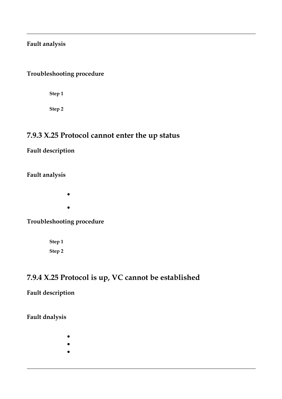 Fault analysis, Troubleshooting procedure, 3 x.25 protocol cannot enter the up status | Fault description, 4 x.25 protocol is up, vc cannot be established, Fault dnalysis, 3 x.25 protocol cannot enter the up status -76, X.25 protocol cannot enter the up status, X.25 protocol is up, vc cannot be established | Nortel Networks 8000 User Manual | Page 279 / 486