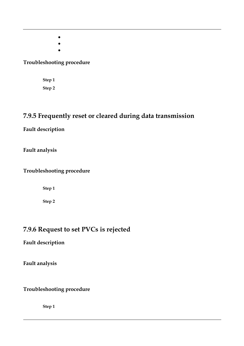 Troubleshooting procedure, Fault description, Fault analysis | 6 request to set pvcs is rejected, 6 request to set pvcs is rejected -77, Request to set pvcs is rejected | Nortel Networks 8000 User Manual | Page 280 / 486