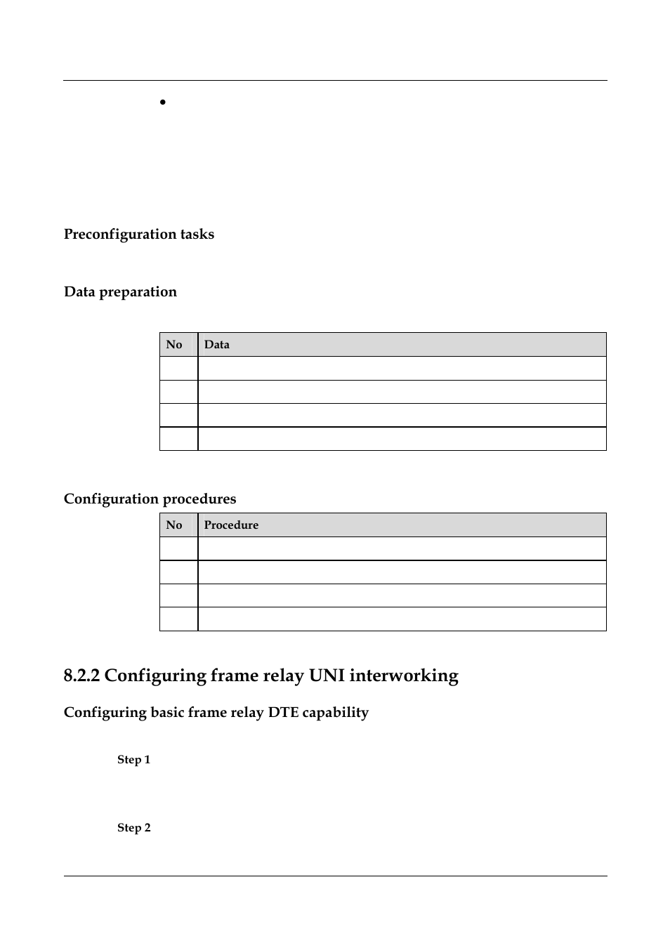 Preconfiguration tasks, Data preparation, Configuration procedures | 2 configuring frame relay uni interworking, Configuring basic frame relay dte capability, 3 configuring frame relay nni interworking -12 | Nortel Networks 8000 User Manual | Page 300 / 486