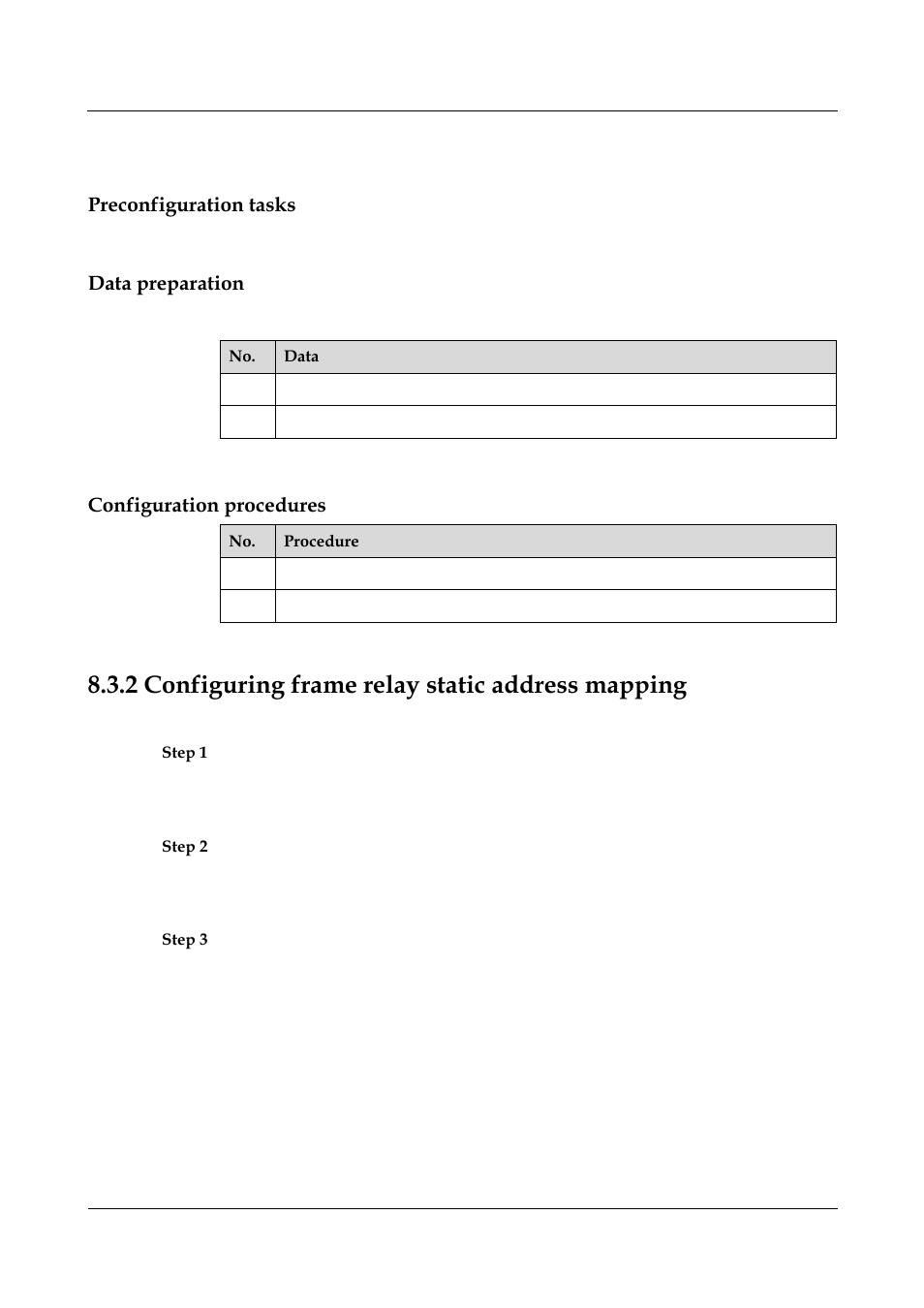 Preconfiguration tasks, Data preparation, Configuration procedures | 2 configuring frame relay static address mapping | Nortel Networks 8000 User Manual | Page 305 / 486