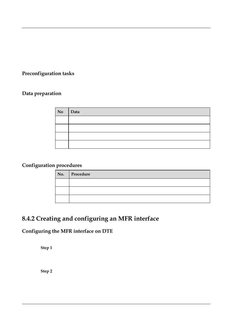 Preconfiguration tasks, Data preparation, Configuration procedures | 2 creating and configuring an mfr interface, Configuring the mfr interface on dte, 2 creating and configuring an mfr interface -17 | Nortel Networks 8000 User Manual | Page 307 / 486