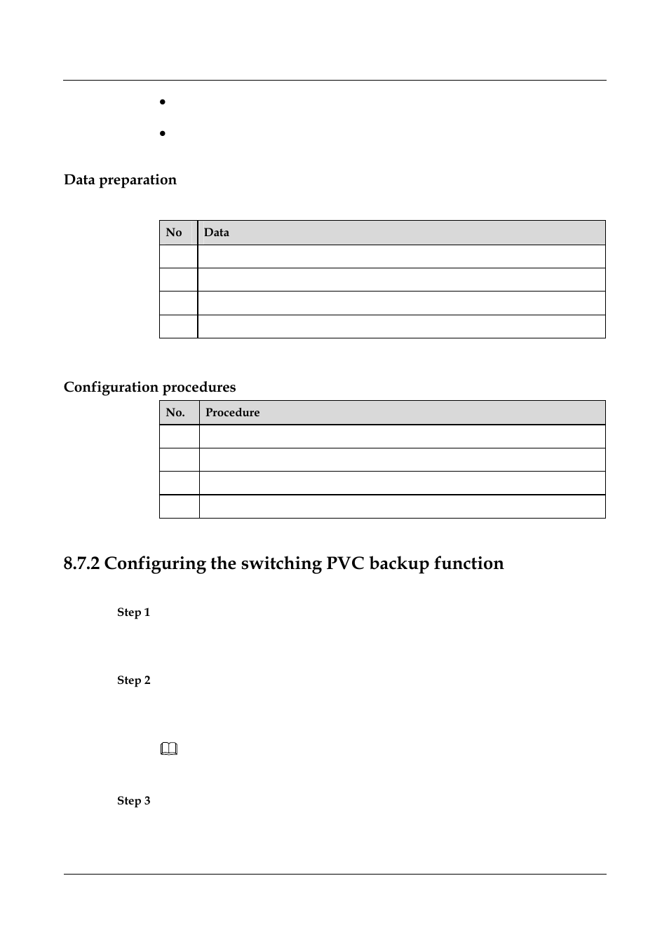 Data preparation, Configuration procedures, 2 configuring the switching pvc backup function | Configuring the switching pvc backup function | Nortel Networks 8000 User Manual | Page 317 / 486