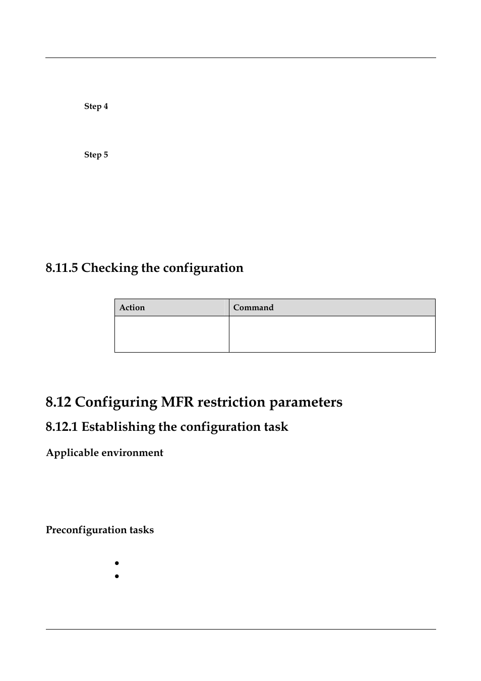 5 checking the configuration, 12 configuring mfr restriction parameters, 1 establishing the configuration task | Applicable environment, Preconfiguration tasks, 4 checking the configuration -23, 1 establishing the configuration task -26, 12 configuring mfr restriction parameters -41, Checking the configuration | Nortel Networks 8000 User Manual | Page 331 / 486