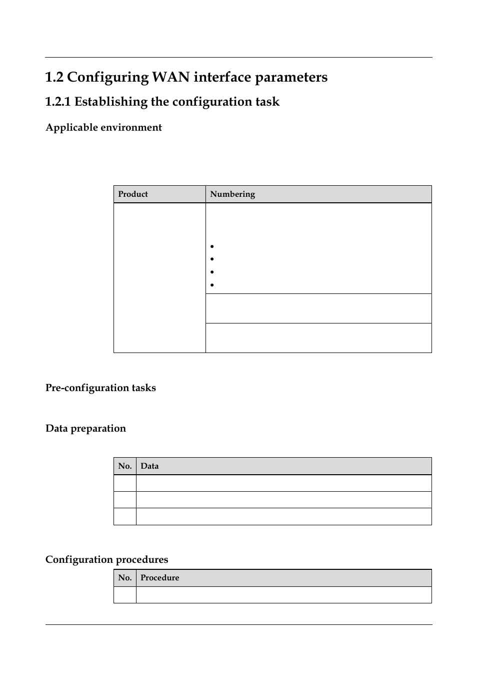 2 configuring wan interface parameters, 1 establishing the configuration task, Applicable environment | Pre-configuration tasks, Data preparation, 2 configuring wan interface parameters -6, 1 establishing the configuration task -6 | Nortel Networks 8000 User Manual | Page 36 / 486