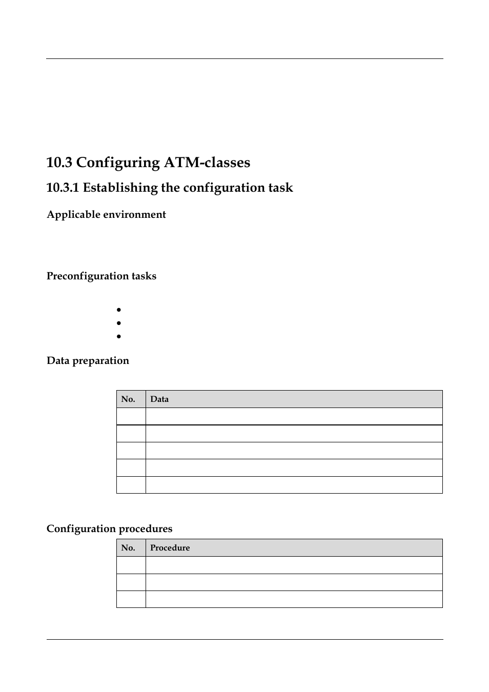 3 configuring atm-classes, 1 establishing the configuration task, Applicable environment | Preconfiguration tasks, Data preparation, Configuration procedures, 1 establishing the configuration task -36, 3 configuring atm-classes -13, 1 introduction, 2 configuring atm | Nortel Networks 8000 User Manual | Page 401 / 486