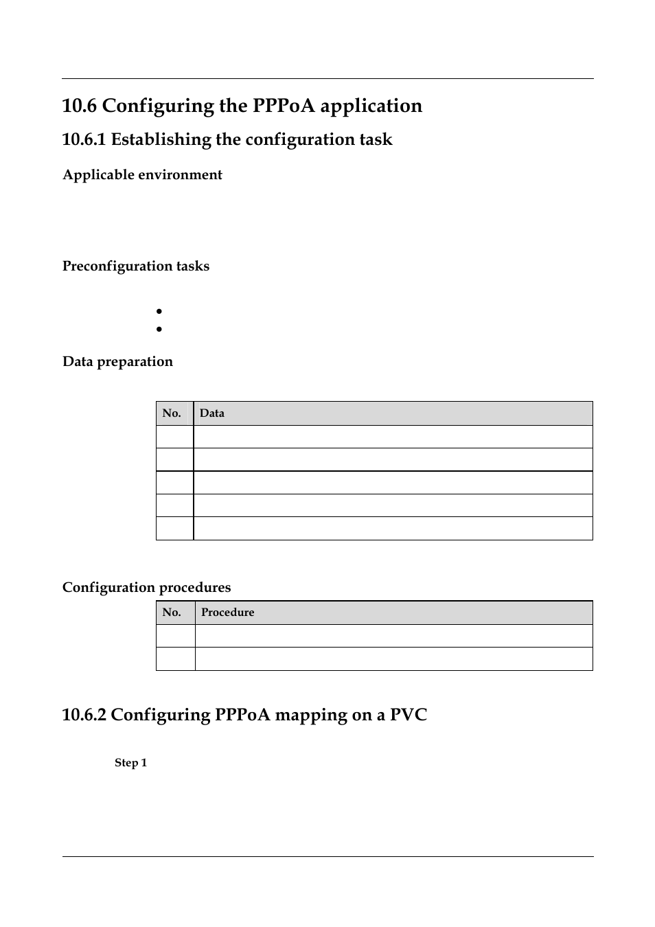 6 configuring the pppoa application, 1 establishing the configuration task, Applicable environment | Preconfiguration tasks, Data preparation, Configuration procedures, 2 configuring pppoa mapping on a pvc, 1 establishing the configuration task -2, 6 configuring the pppoa application -20, 2 configuring pppoa mapping on a pvc -20 | Nortel Networks 8000 User Manual | Page 408 / 486