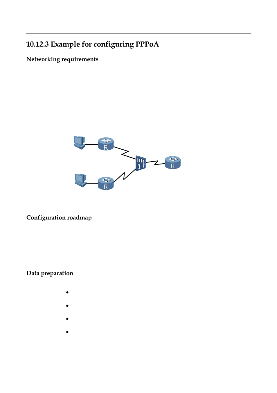 3 example for configuring pppoa, Networking requirements, Configuration roadmap | Data preparation, 3 example for configuring pppoa -36, Example for configuring pppoa | Nortel Networks 8000 User Manual | Page 429 / 486