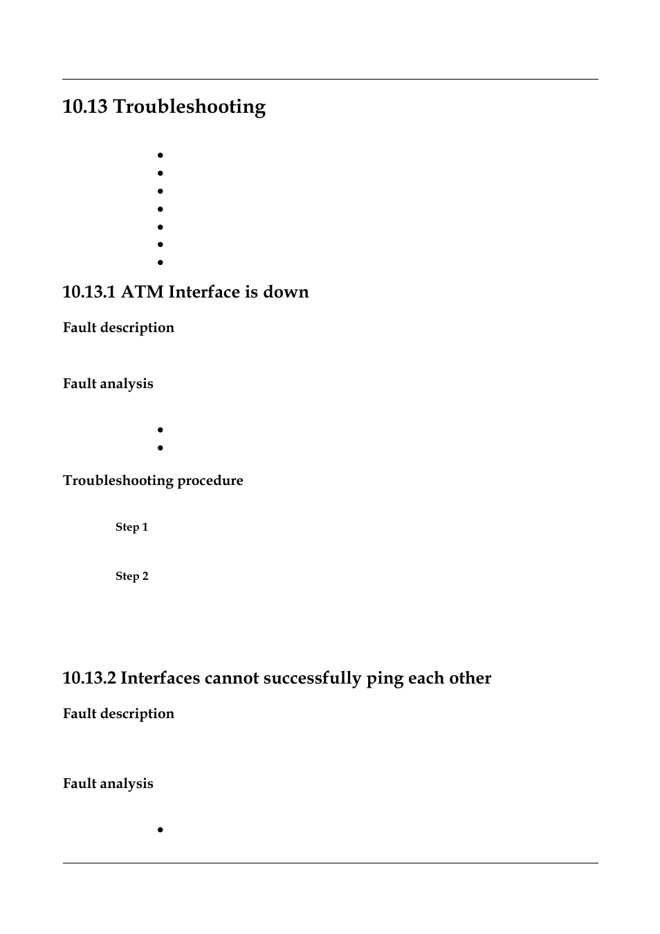 13 troubleshooting, 1 atm interface is down, Fault description | Fault analysis, Troubleshooting procedure, 2 interfaces cannot successfully ping each other, 12 troubleshooting -41, 1 atm interface is down -41, 11 maintaining atm | Nortel Networks 8000 User Manual | Page 434 / 486