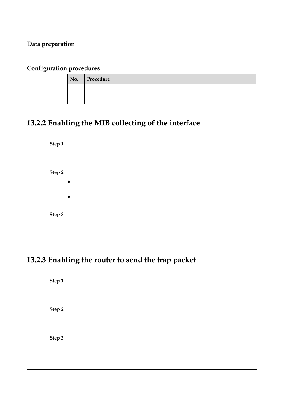 Data preparation, Configuration procedures, 2 enabling the mib collecting of the interface | 3 enabling the router to send the trap packet, 2 enabling the mib collecting of the interface -3, 3 enabling the router to send the trap packet -3 | Nortel Networks 8000 User Manual | Page 480 / 486